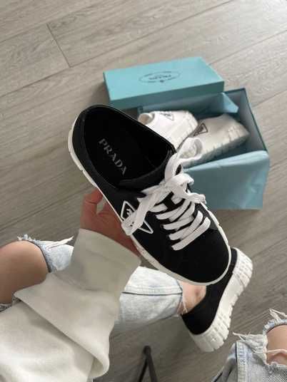 Кроссовки Prada Double Wheel Nylon Gabardine Black White Купить
